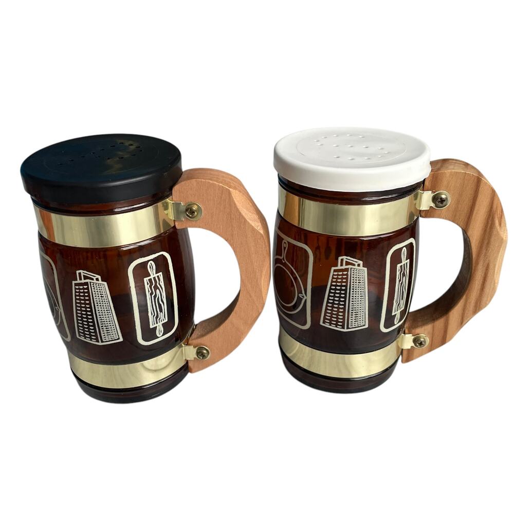 Vintage Brown Glass Stein Salt & Pepper Shakers with Wooden Handles Mid Century